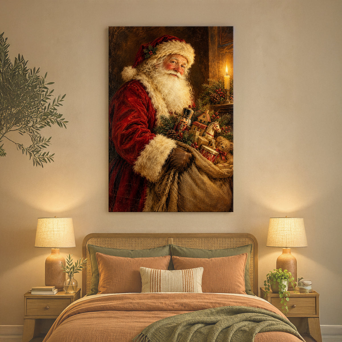 Vintage Santa Claus Oil Painting Wall Art - room mockup 2