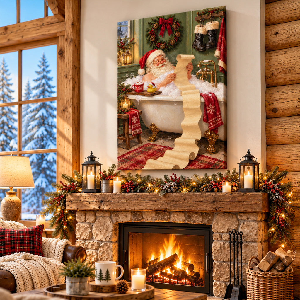 Funny Santa in Bathtub Wall Art - room mockup 8