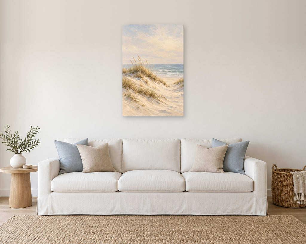 Coastal Dunes Wall Art, Neutral Beach Grass Ocean Painting Print, Canvas or Poster