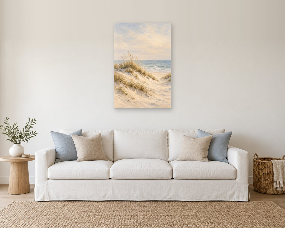 Coastal Dunes Wall Art, Neutral Beach Grass Ocean Painting Print, Canvas or Poster