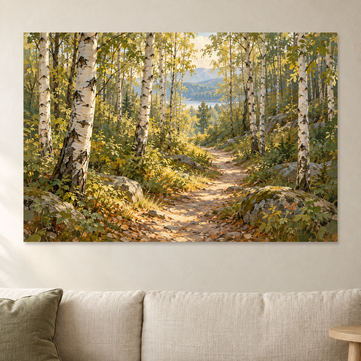 Birch Forest Path Wall Art, Sunlit Woodland Trail Landscape Print, Canvas or Poster