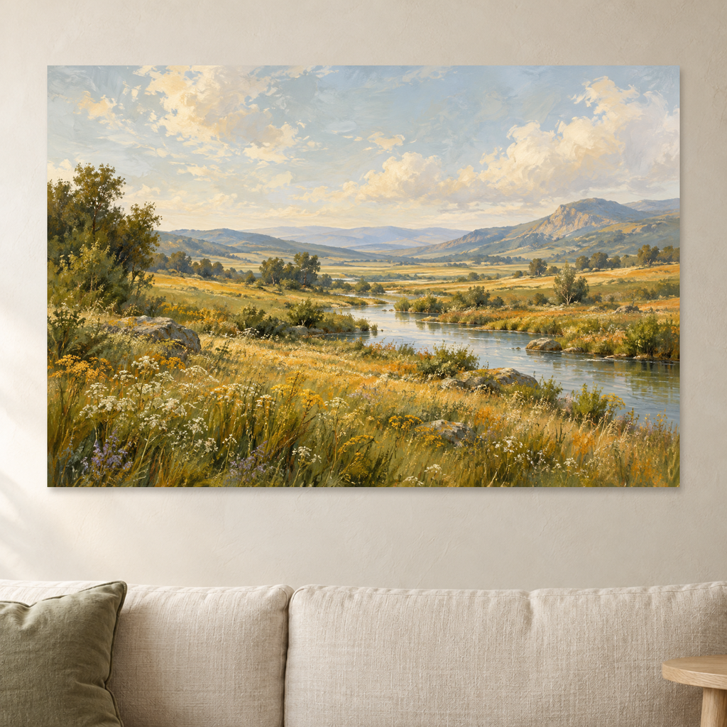 Meadow River Landscape Wall Art, Soft Neutral Countryside Print, Canvas or Poster