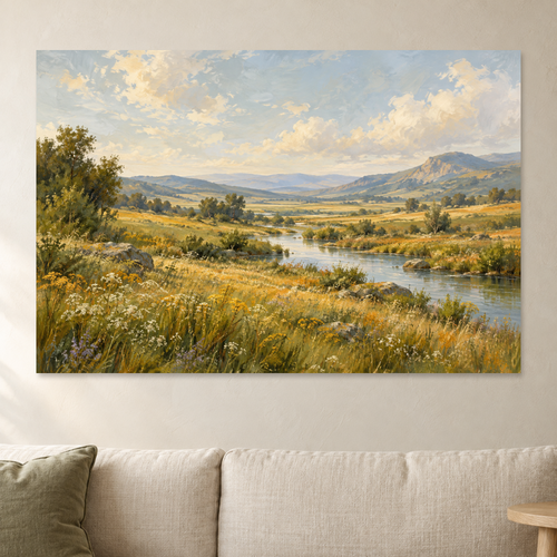 Meadow River Landscape Wall Art, Soft Neutral Countryside Print, Canvas or Poster