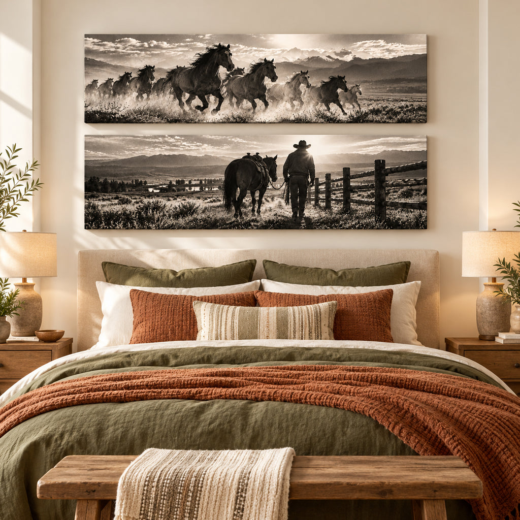 Set of 2 Black and White Horse Wall Art - room mockup 2