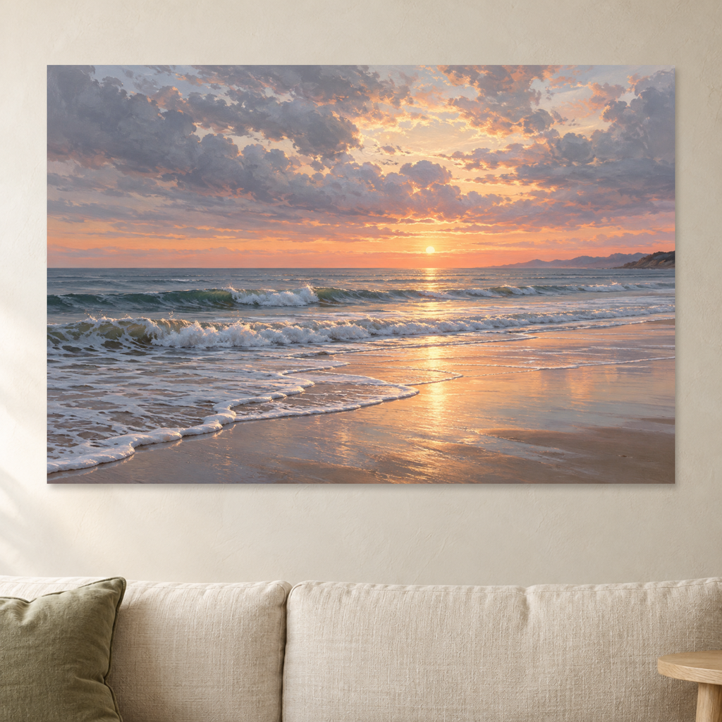 Ocean Sunset Wall Art, Pastel Beach Waves Seascape Print, Coastal Canvas or Poster