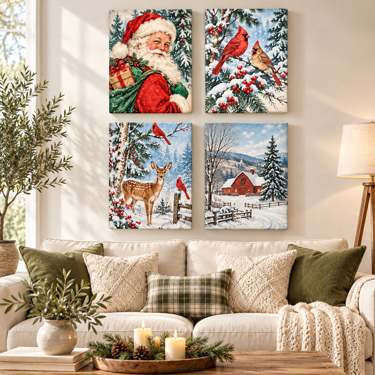 Set of 4 Vintage Christmas Card Wall Art - room mockup 7