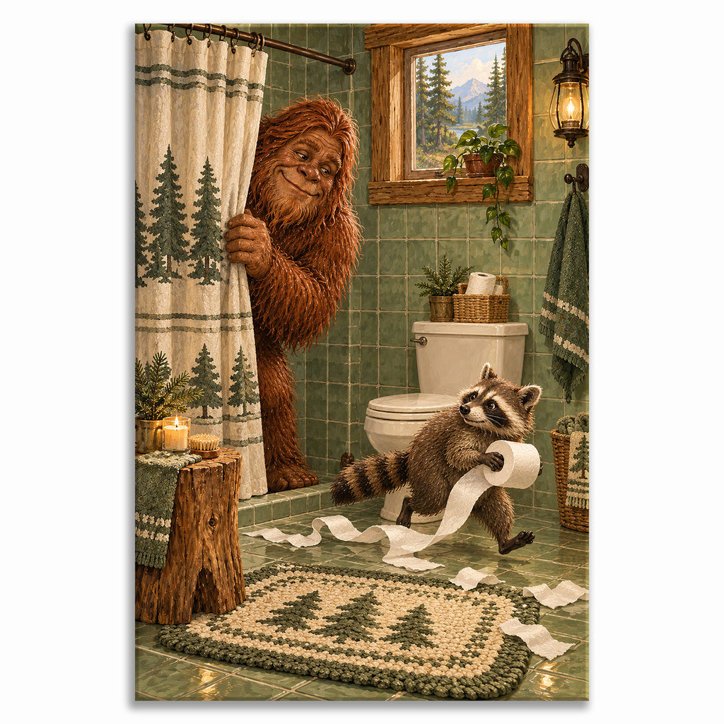 Set of 3 Funny Bigfoot Bathroom Wall Art - room mockup 10