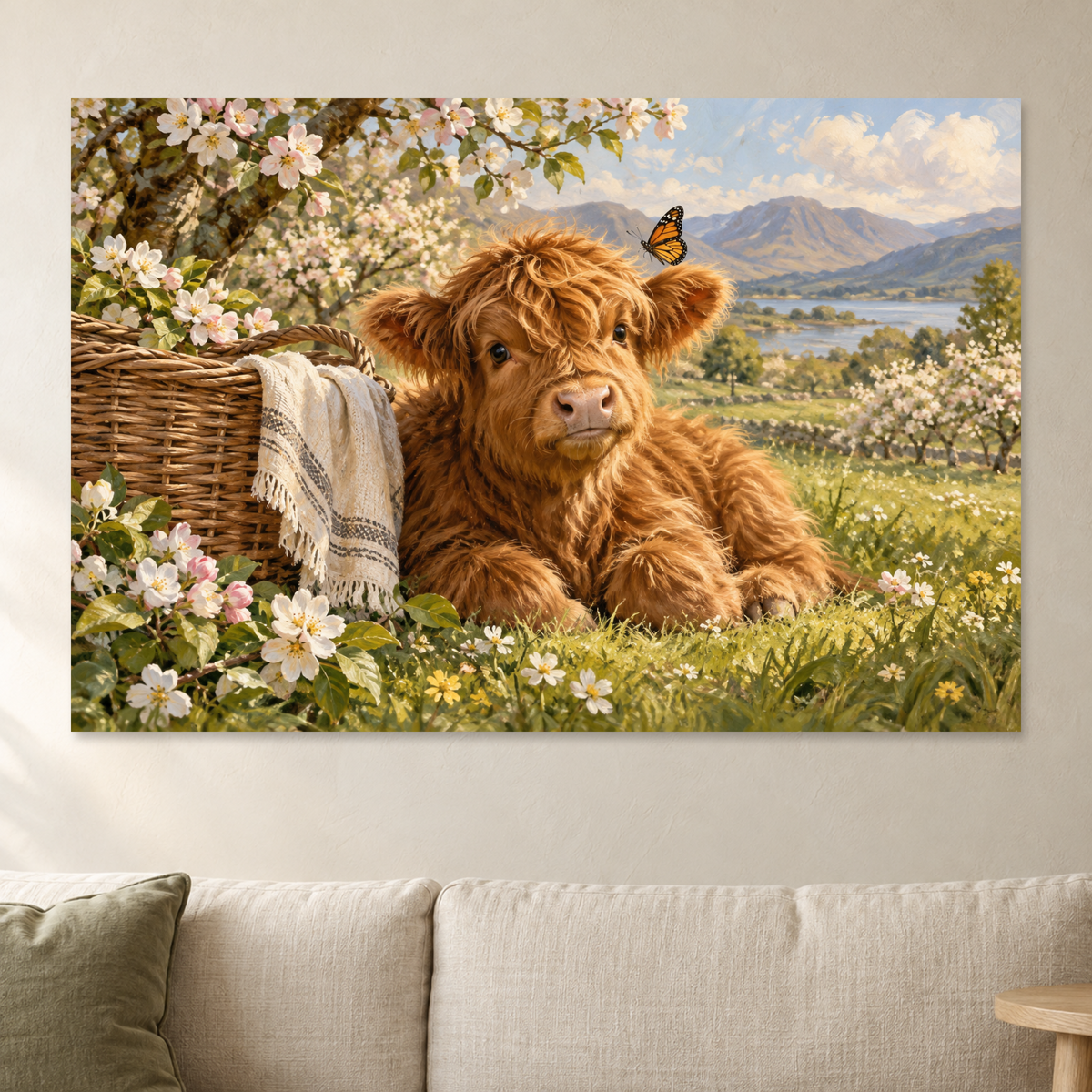Baby Highland Cow Wall Art, Cute Highland Calf with Spring Blossoms Print, Canvas or Poster