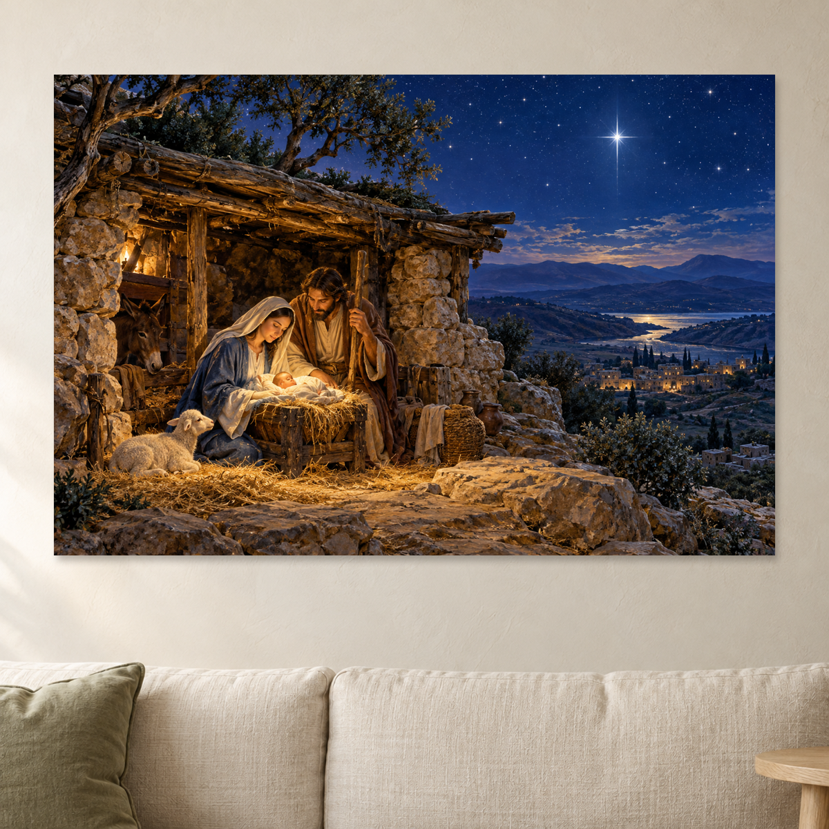Nativity Stable Wall Art, Baby Jesus Manger under Star of Bethlehem Print, Canvas or Poster