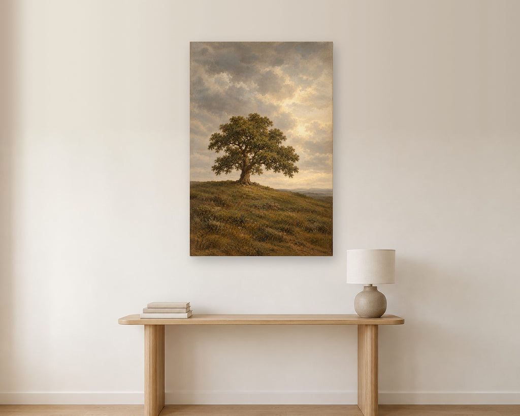 Moody Lone Tree Wall Art, Vintage Oil Painting Landscape Print, Canvas or Poster