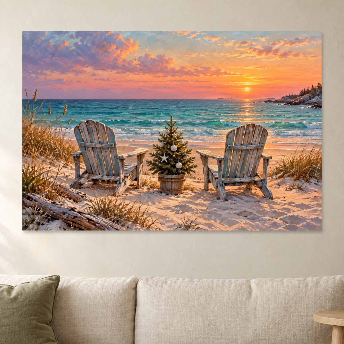 Beach Christmas Wall Art, Adirondack Chairs and Christmas Tree Ocean Sunset Print, Canvas or Poster