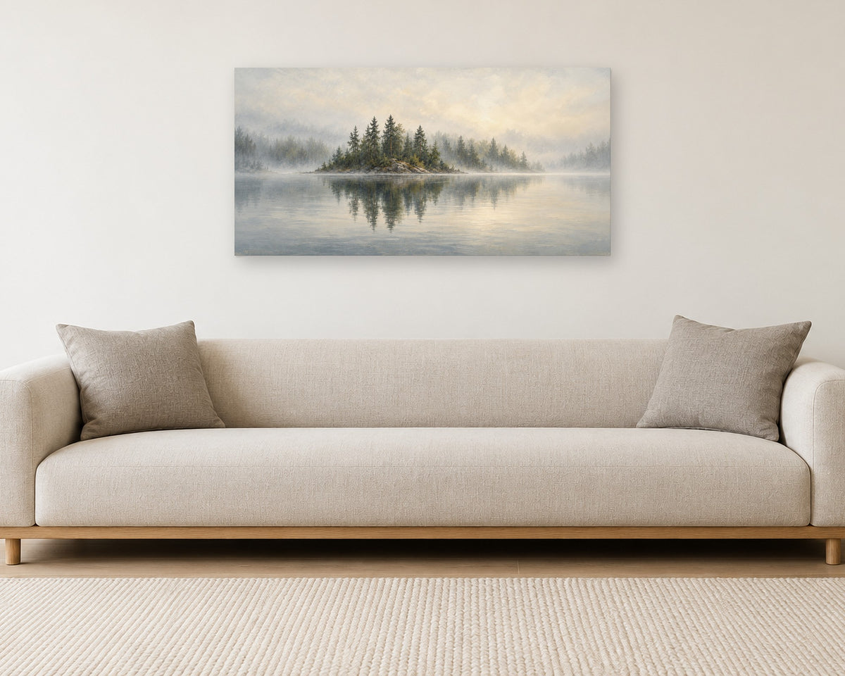 Foggy Lake Wall Art, Misty Treeline Reflection Landscape Print, Panoramic Canvas