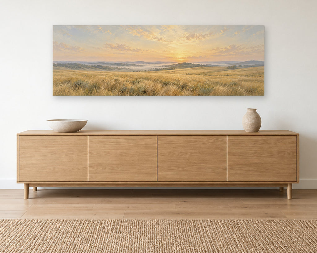 Panoramic Meadow Sunset Wall Art, Long Horizontal Landscape Print, Above Couch Canvas
