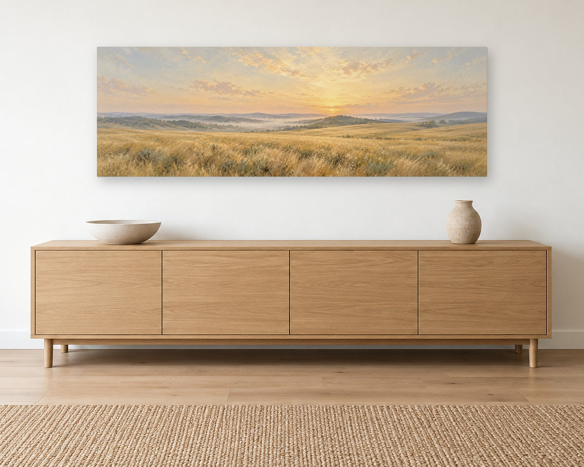 Panoramic Meadow Sunset Wall Art, Long Horizontal Landscape Print, Above Couch Canvas