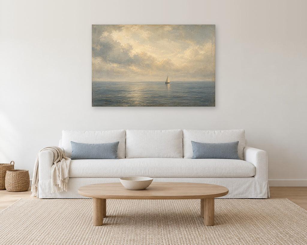 Vintage Sailboat Wall Art, Hazy Seascape Oil Painting Print, Coastal Canvas or Poster
