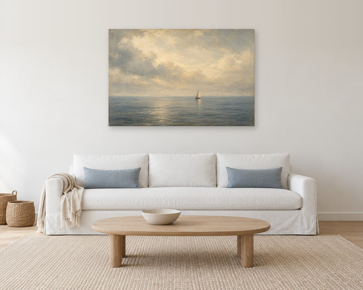 Vintage Sailboat Wall Art, Hazy Seascape Oil Painting Print, Coastal Canvas or Poster