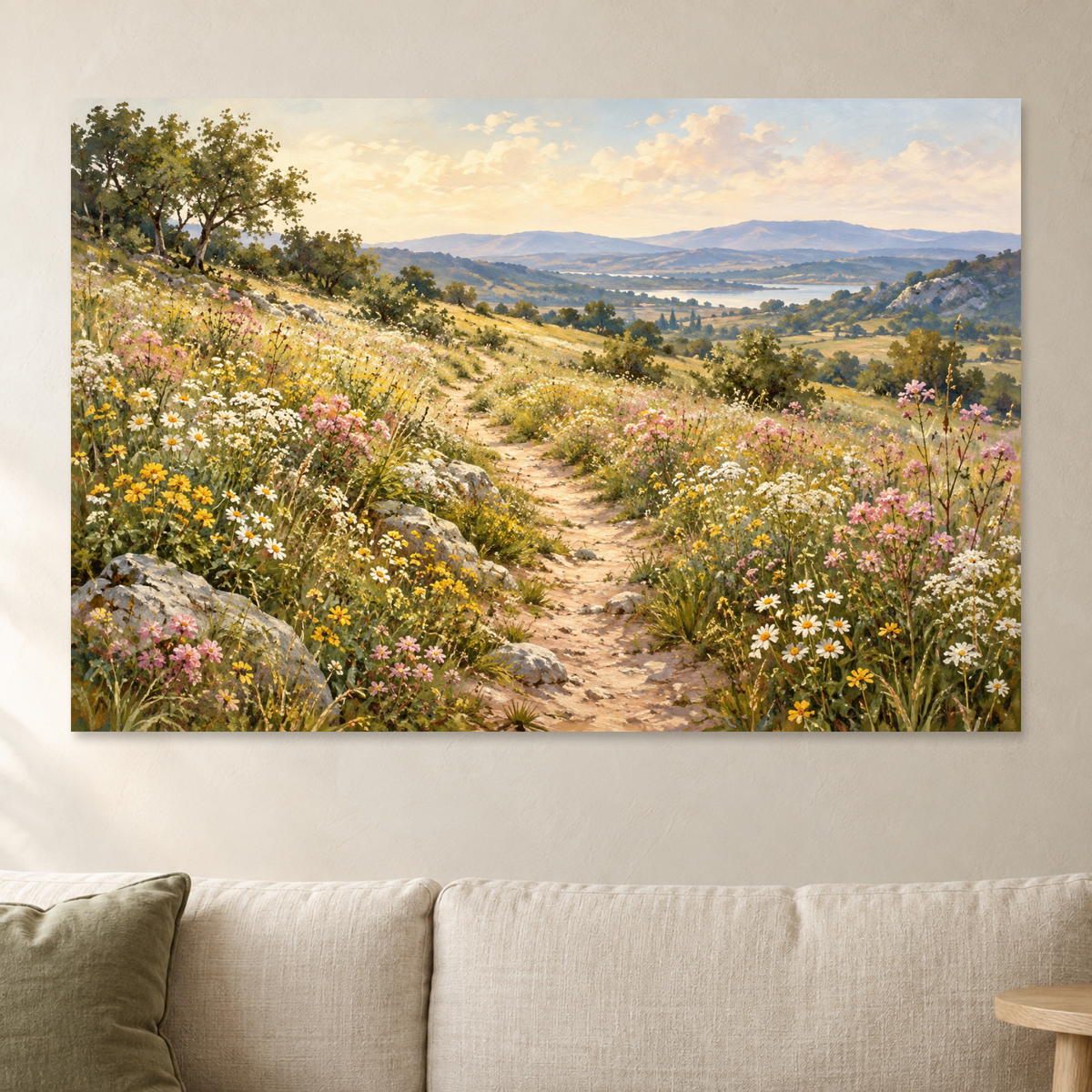 Wildflower Path Wall Art, Hillside Meadow Trail Landscape Print, Canvas or Poster
