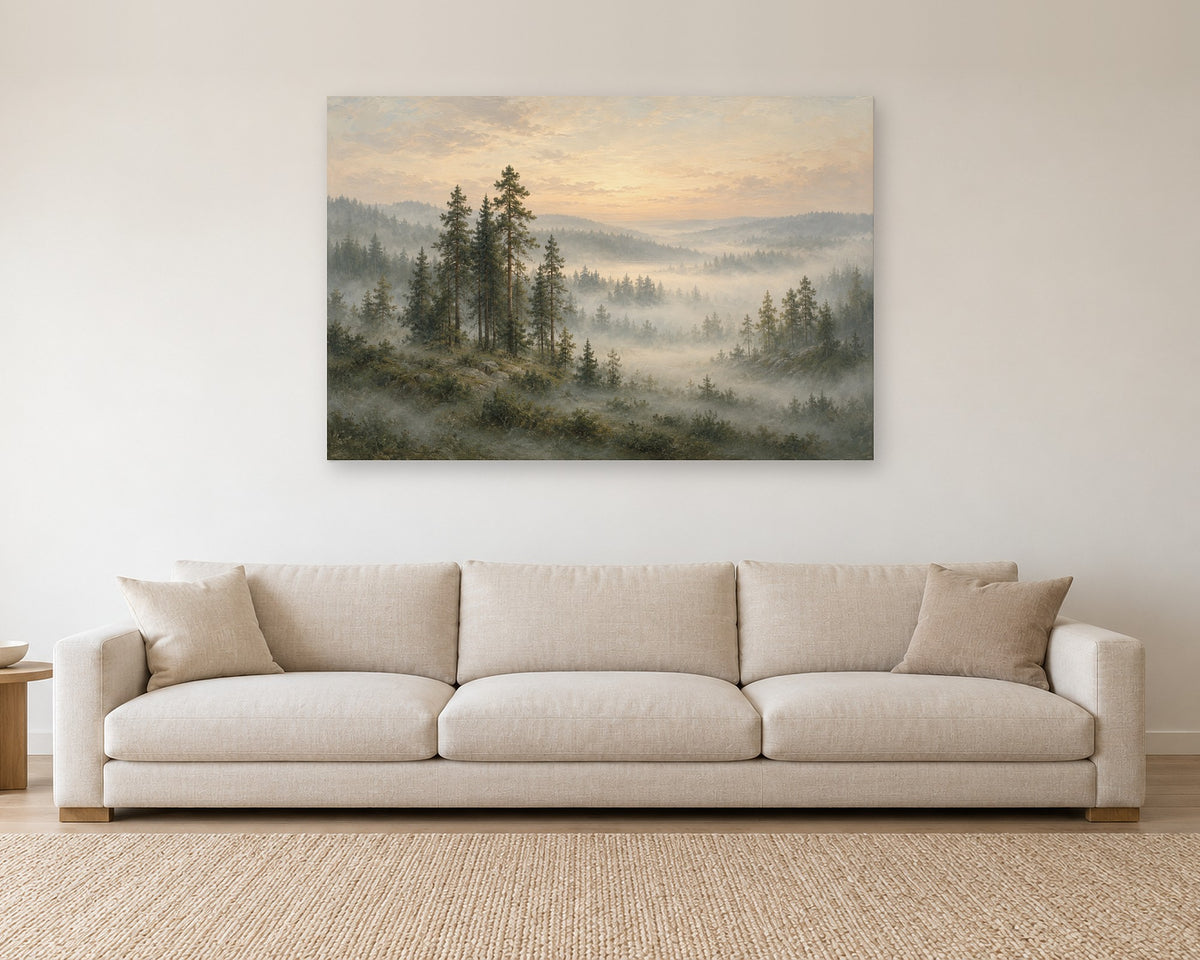 Foggy Pine Forest Wall Art, Moody Misty Forest Landscape Painting Print, Canvas or Poster