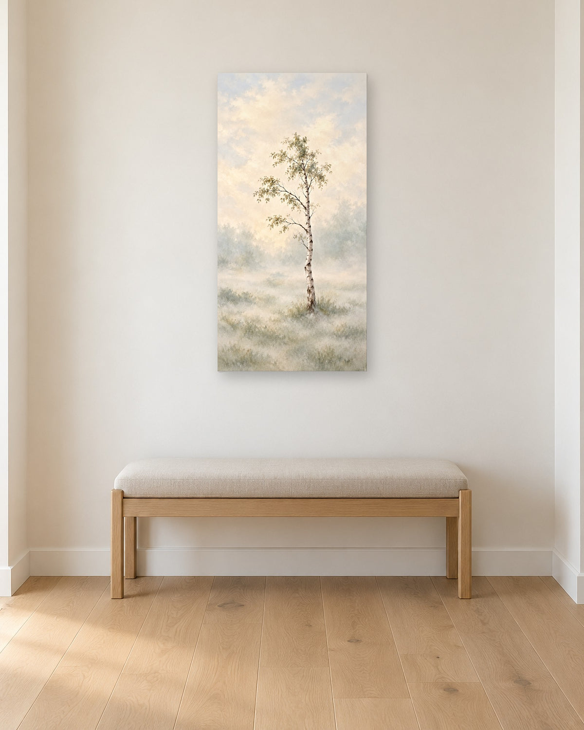 Tall Narrow Birch Tree Wall Art, Vertical Misty Forest Print, Long Skinny Canvas