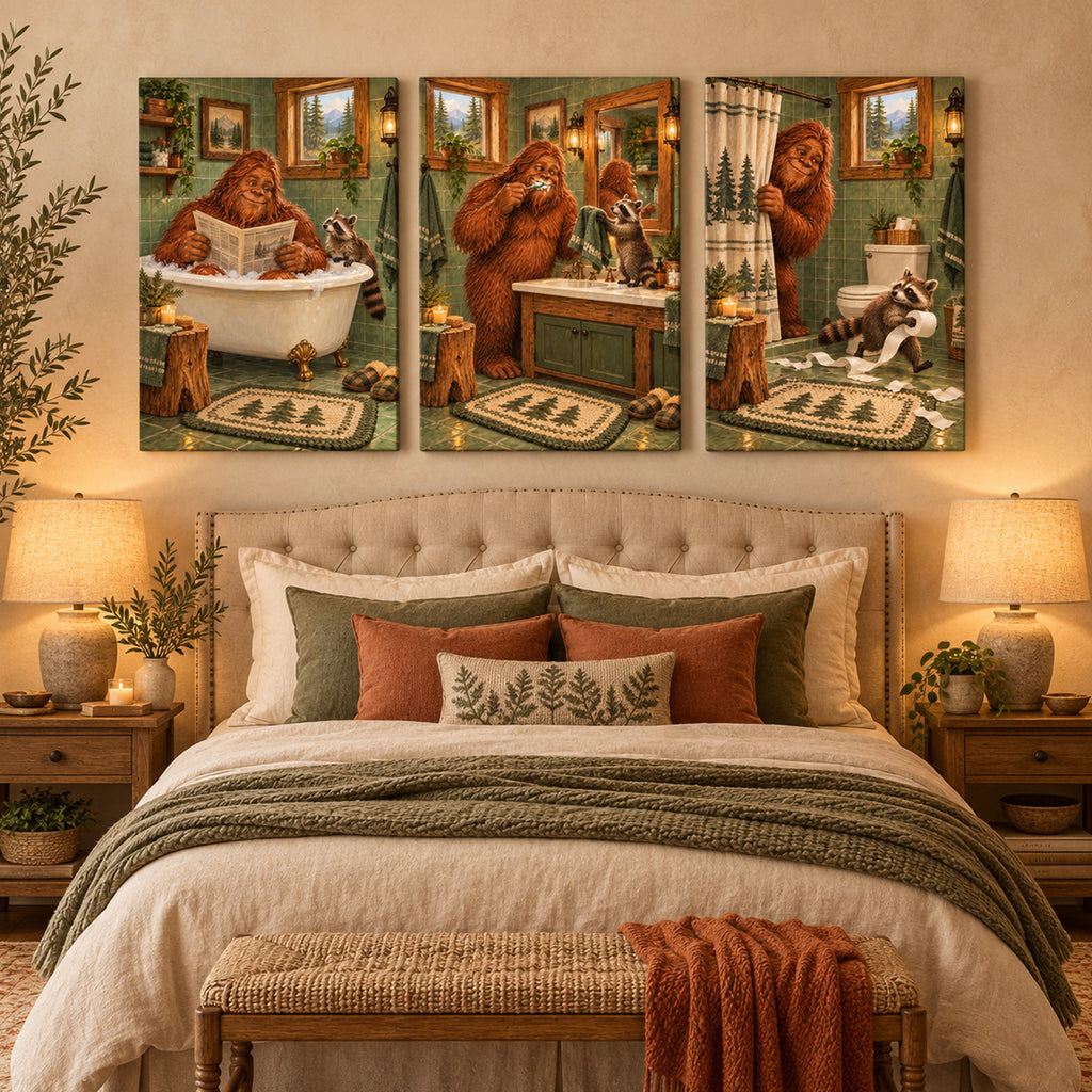 Set of 3 Funny Bigfoot Bathroom Wall Art - room mockup 9