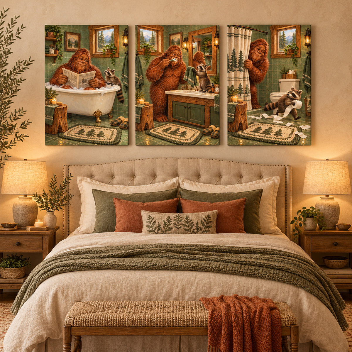 Set of 3 Funny Bigfoot Bathroom Wall Art - room mockup 9