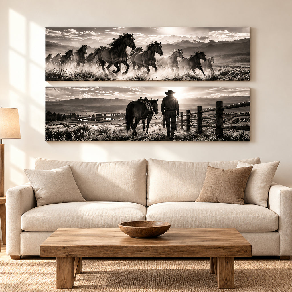 Set of 2 Black and White Horse Wall Art - room mockup 7