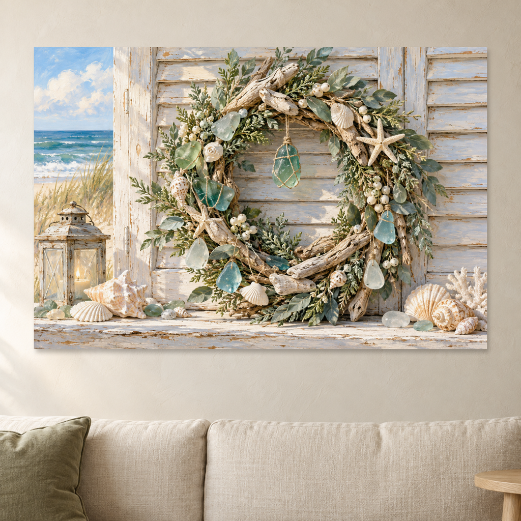 Coastal Christmas Wreath Wall Art, Seashell Wreath Beach House Holiday Print, Canvas or Poster