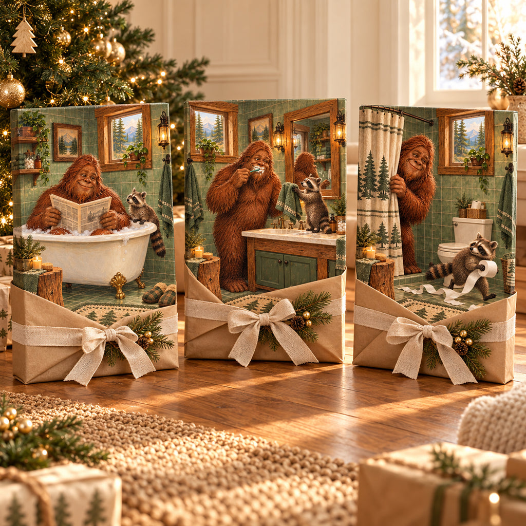Set of 3 Funny Bigfoot Bathroom Wall Art - room mockup 2