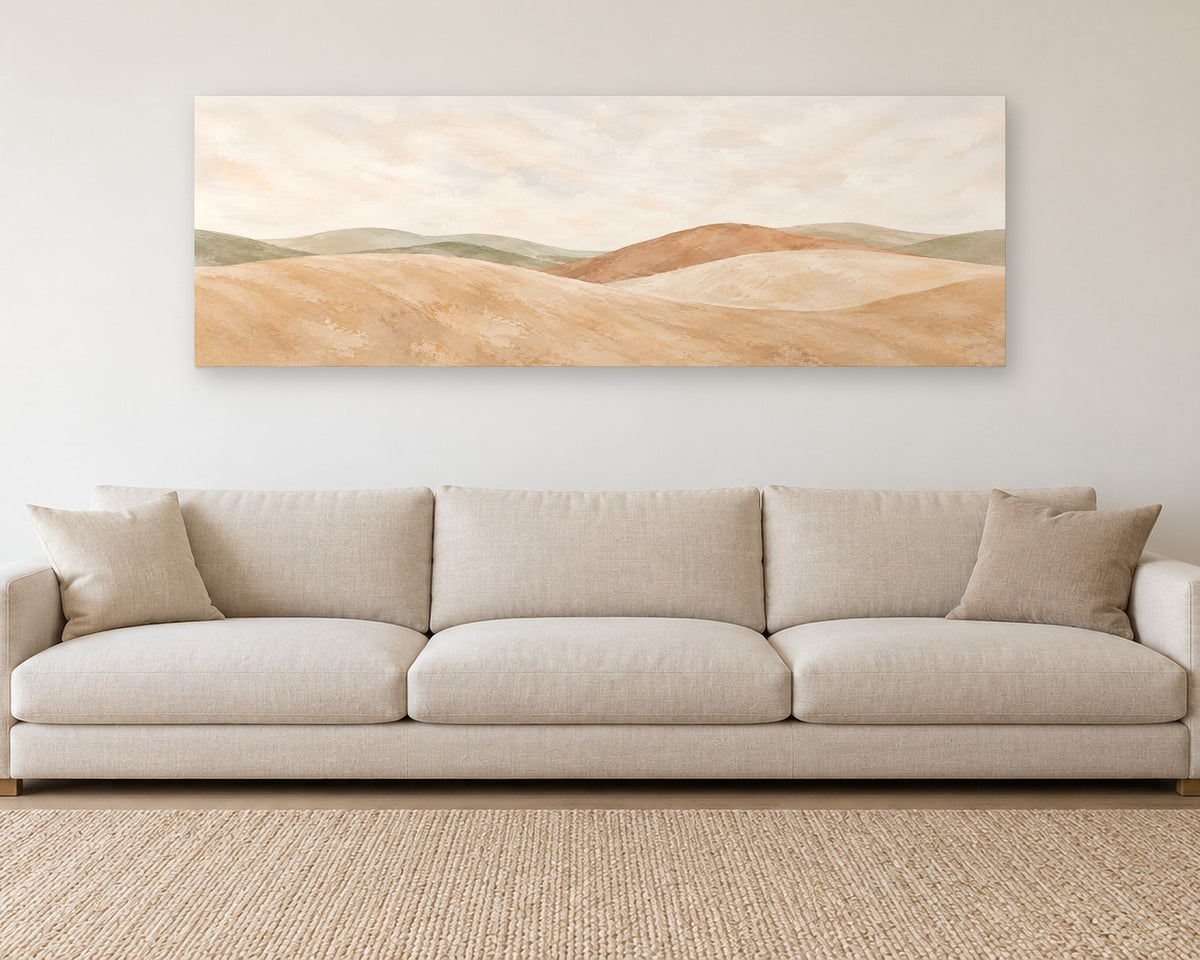 Panoramic Neutral Abstract Wall Art, Rolling Hills Above Couch Print, Long Horizontal Canvas