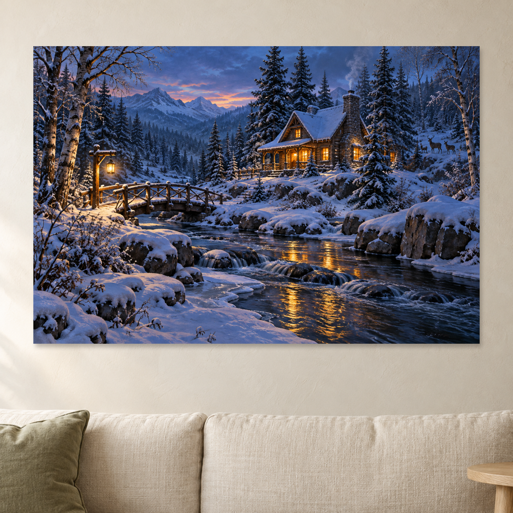 Snowy Cabin Creek Wall Art, Christmas Mountain Cabin at Dusk Print, Canvas or Poster