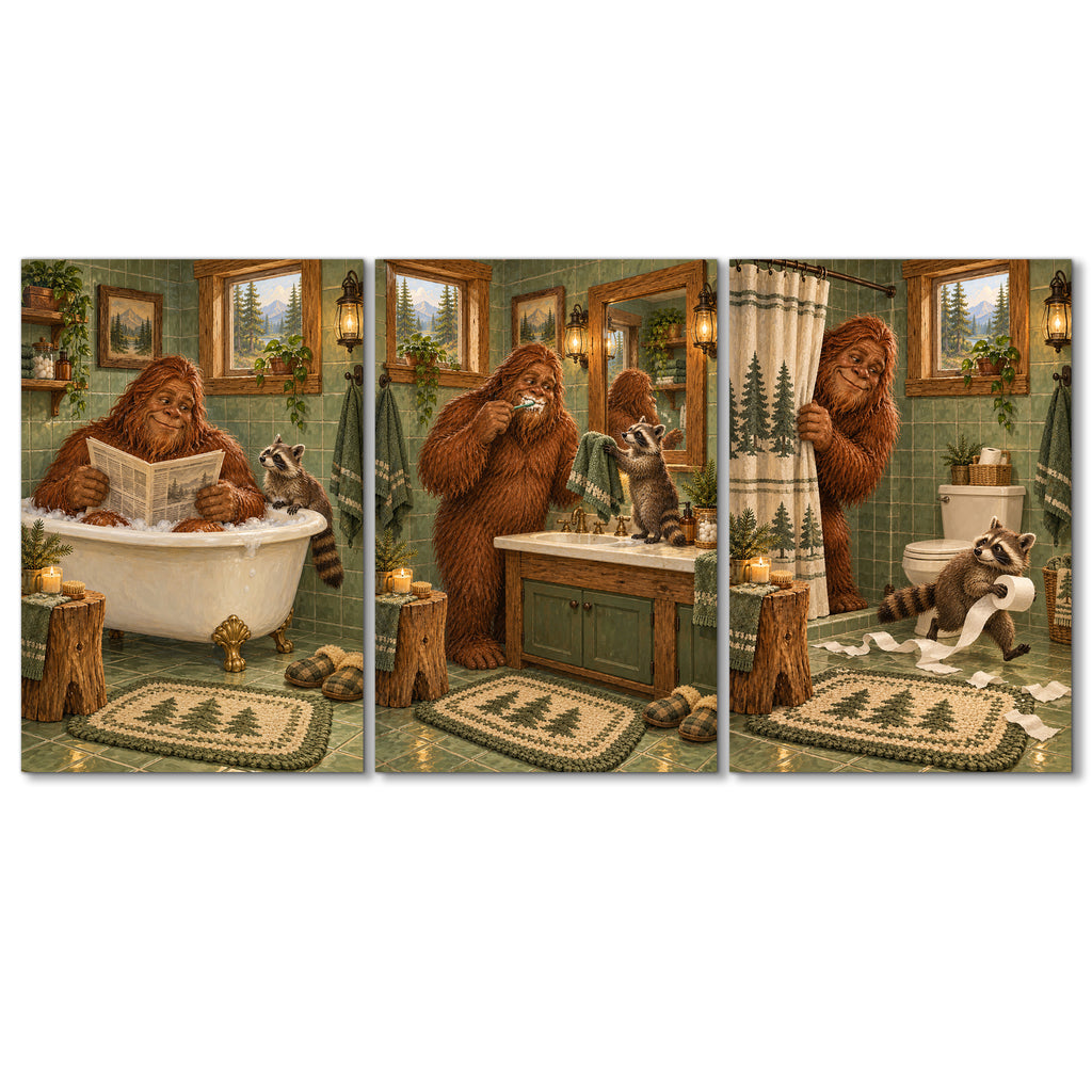 Set of 3 Funny Bigfoot Bathroom Wall Art - main image