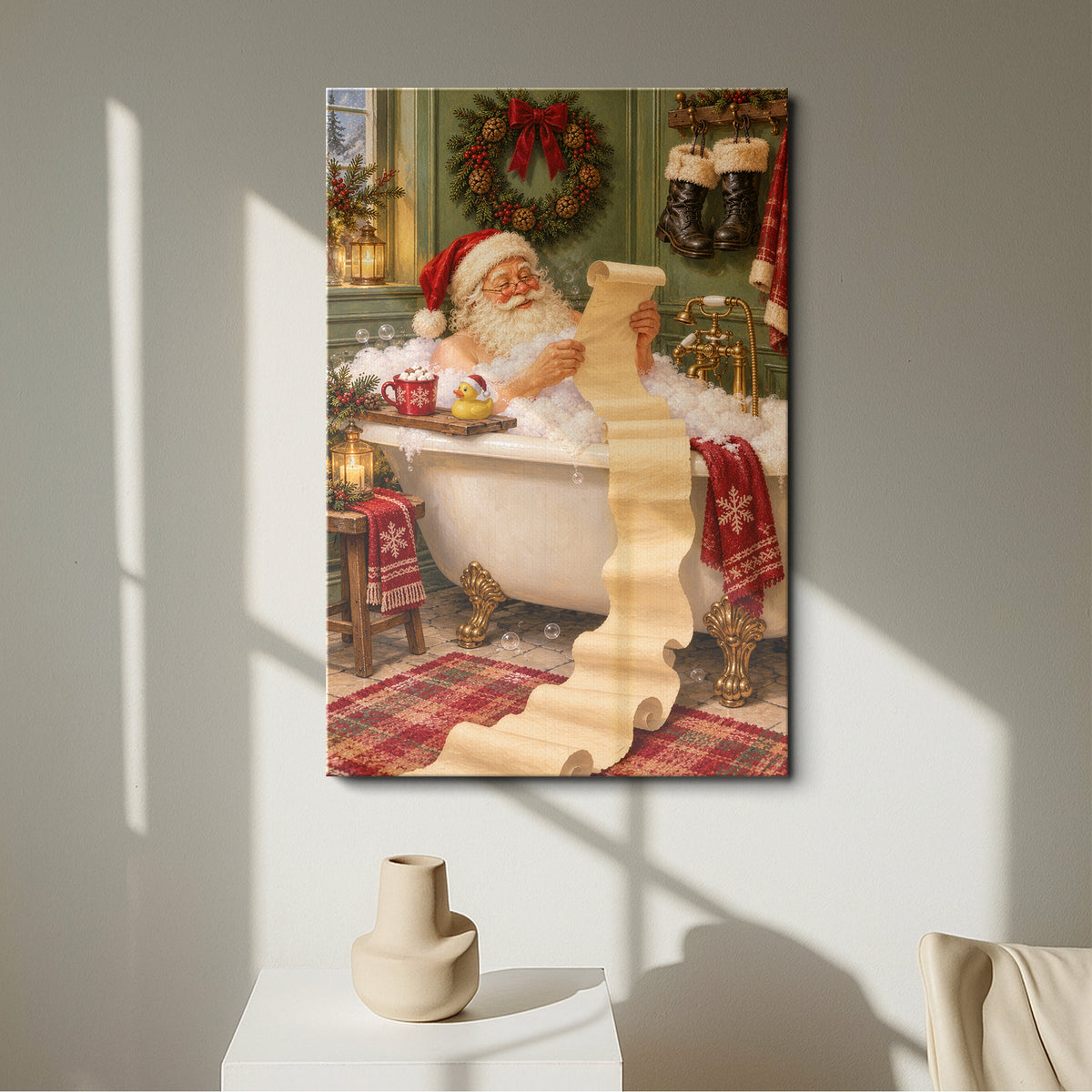 Funny Santa in Bathtub Wall Art - room mockup 1