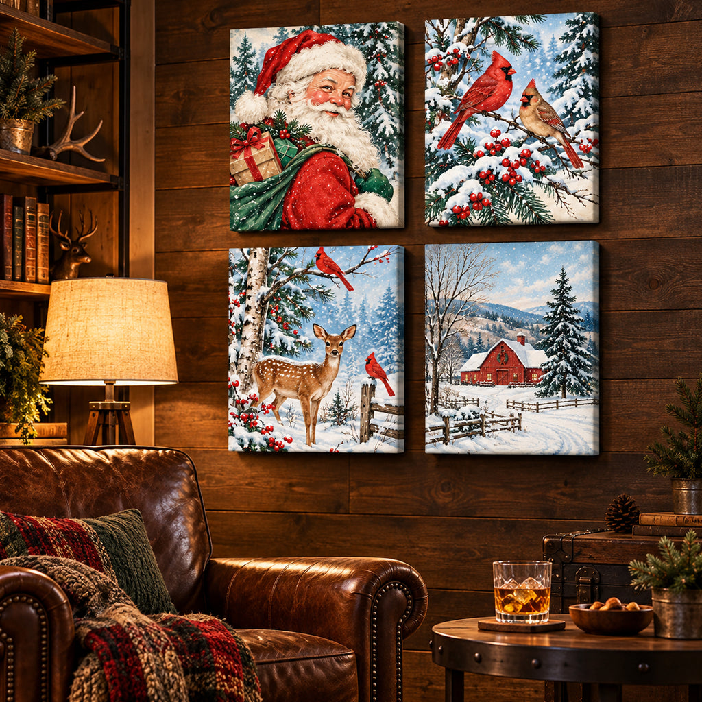 Set of 4 Vintage Christmas Card Wall Art - room mockup 5