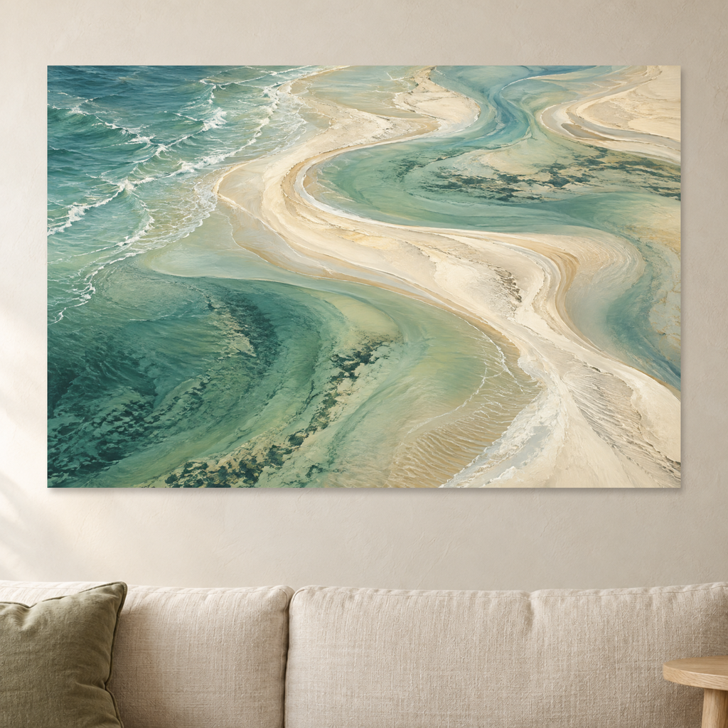 Aerial Beach Wall Art, Turquoise Sandbar Abstract Coastal Print, Canvas or Poster
