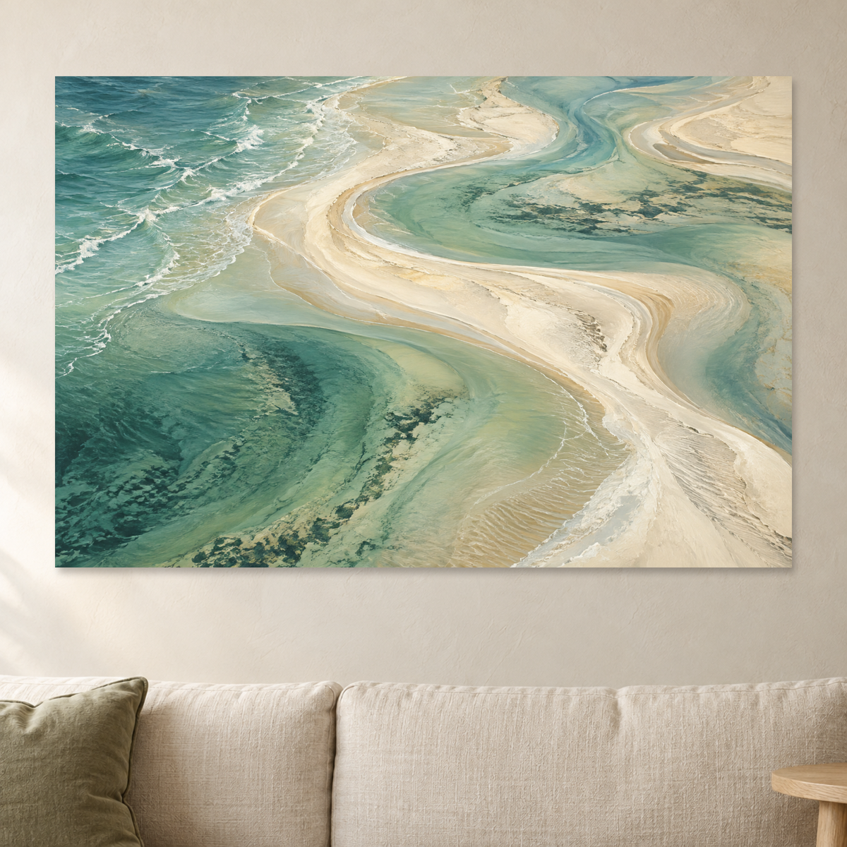 Aerial Beach Wall Art, Turquoise Sandbar Abstract Coastal Print, Canvas or Poster