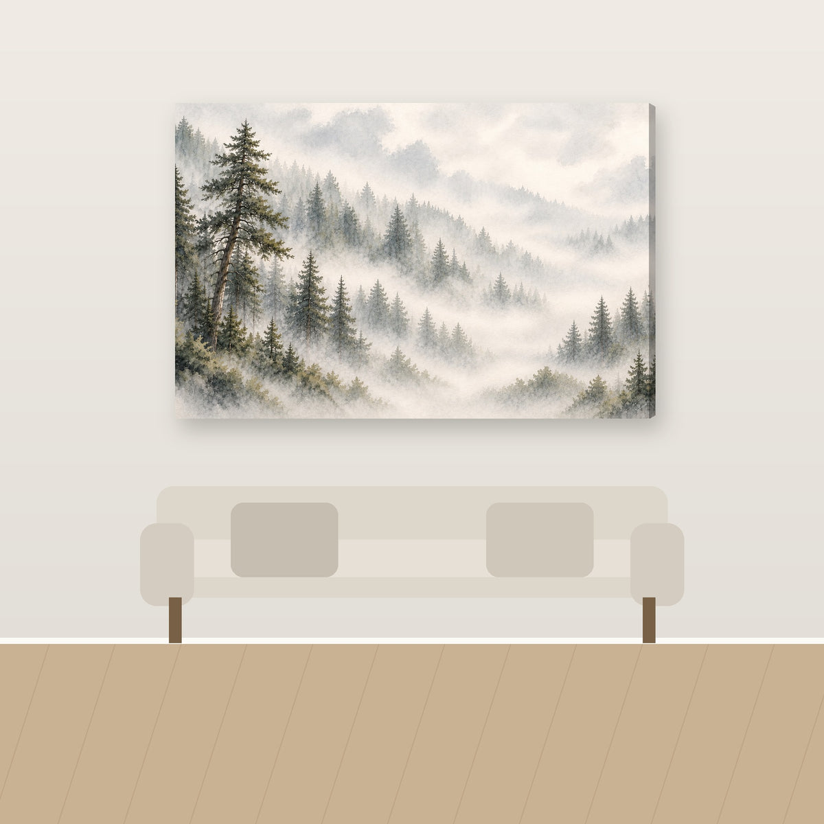 Misty pine forest wall art above sofa
