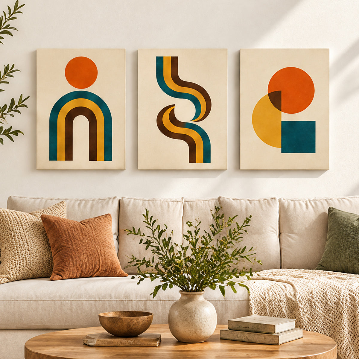 Set of 3 Mid Century Boho Wall Art - room mockup 5
