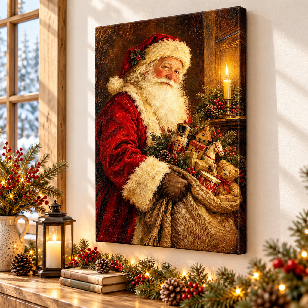 Vintage Santa Claus Oil Painting Wall Art - room mockup 6