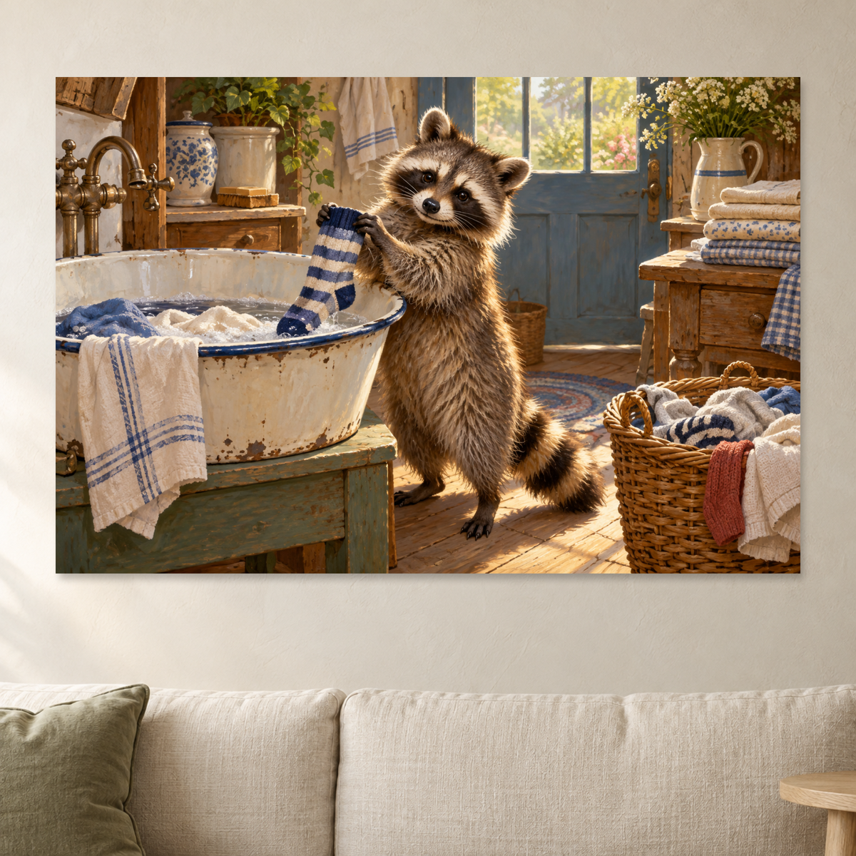 Funny Raccoon Laundry Room Wall Art, Raccoon Washing Clothes Print, Canvas or Poster