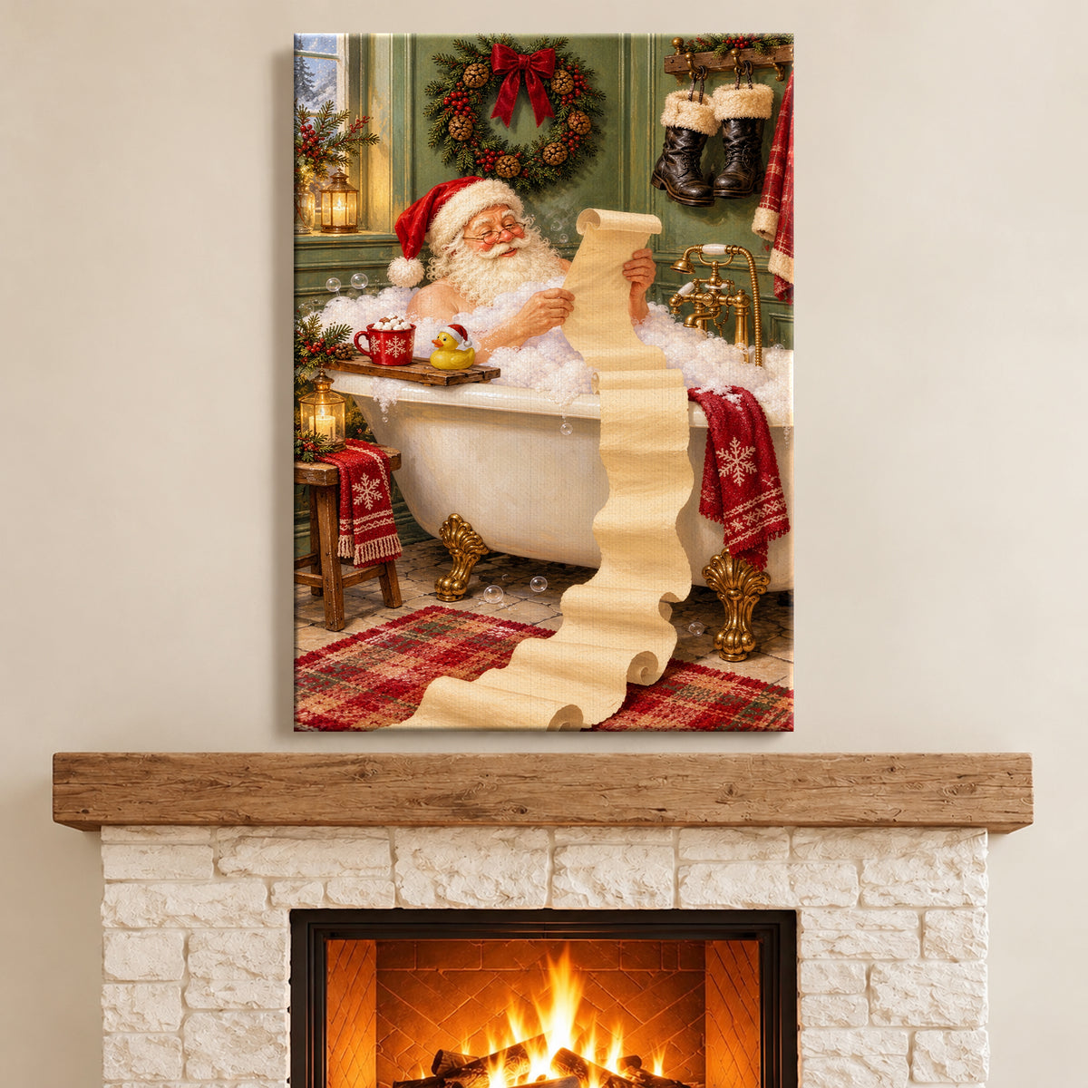 Funny Santa in Bathtub Wall Art - room mockup 9