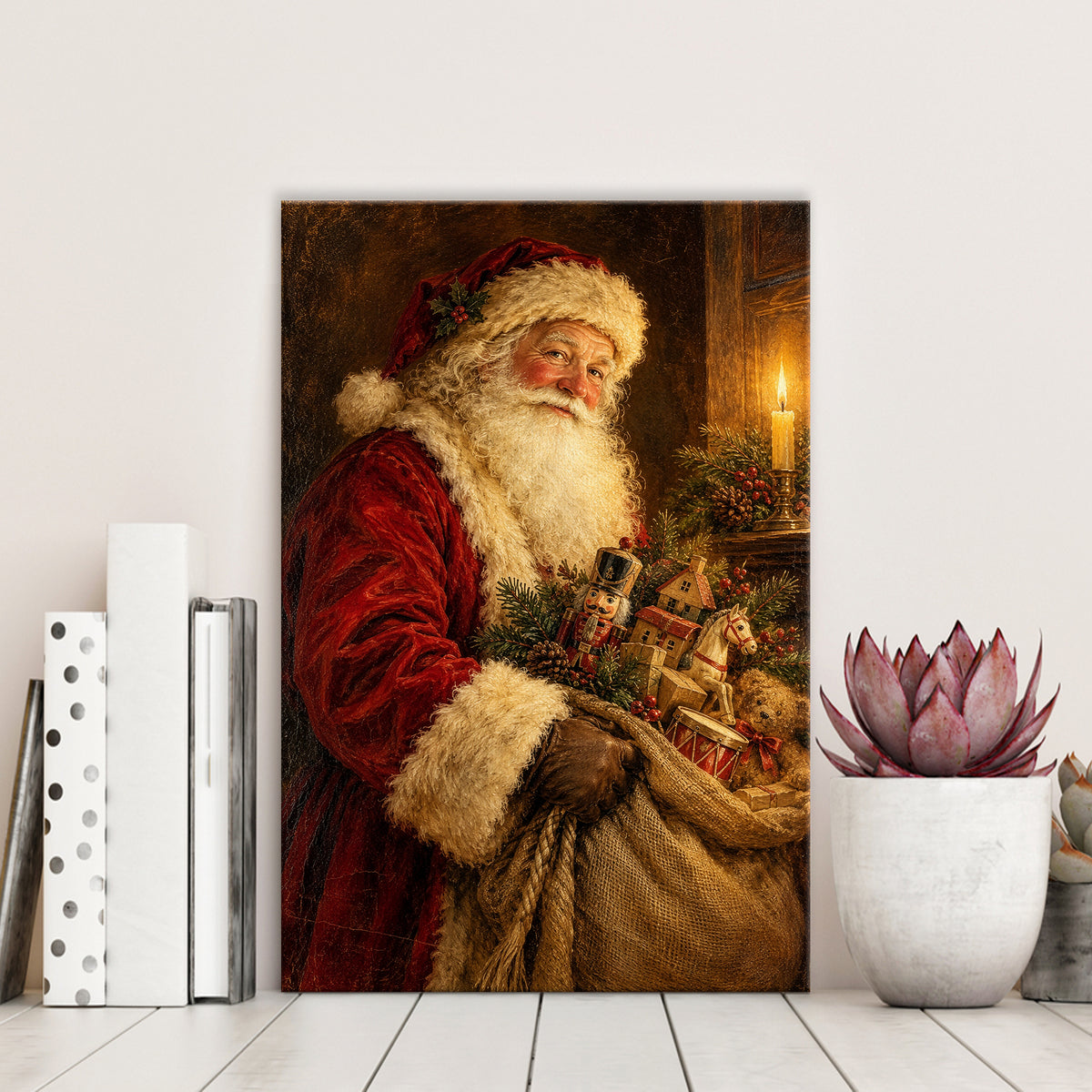 Vintage Santa Claus Oil Painting Wall Art - room mockup 3