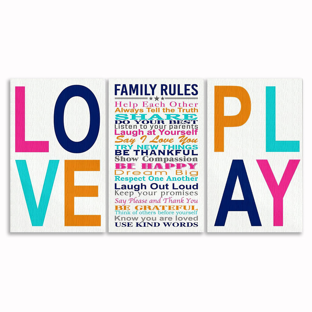 Family Rules Love Play Set Of 3 Canvas – Colorful Playroom Wall Art