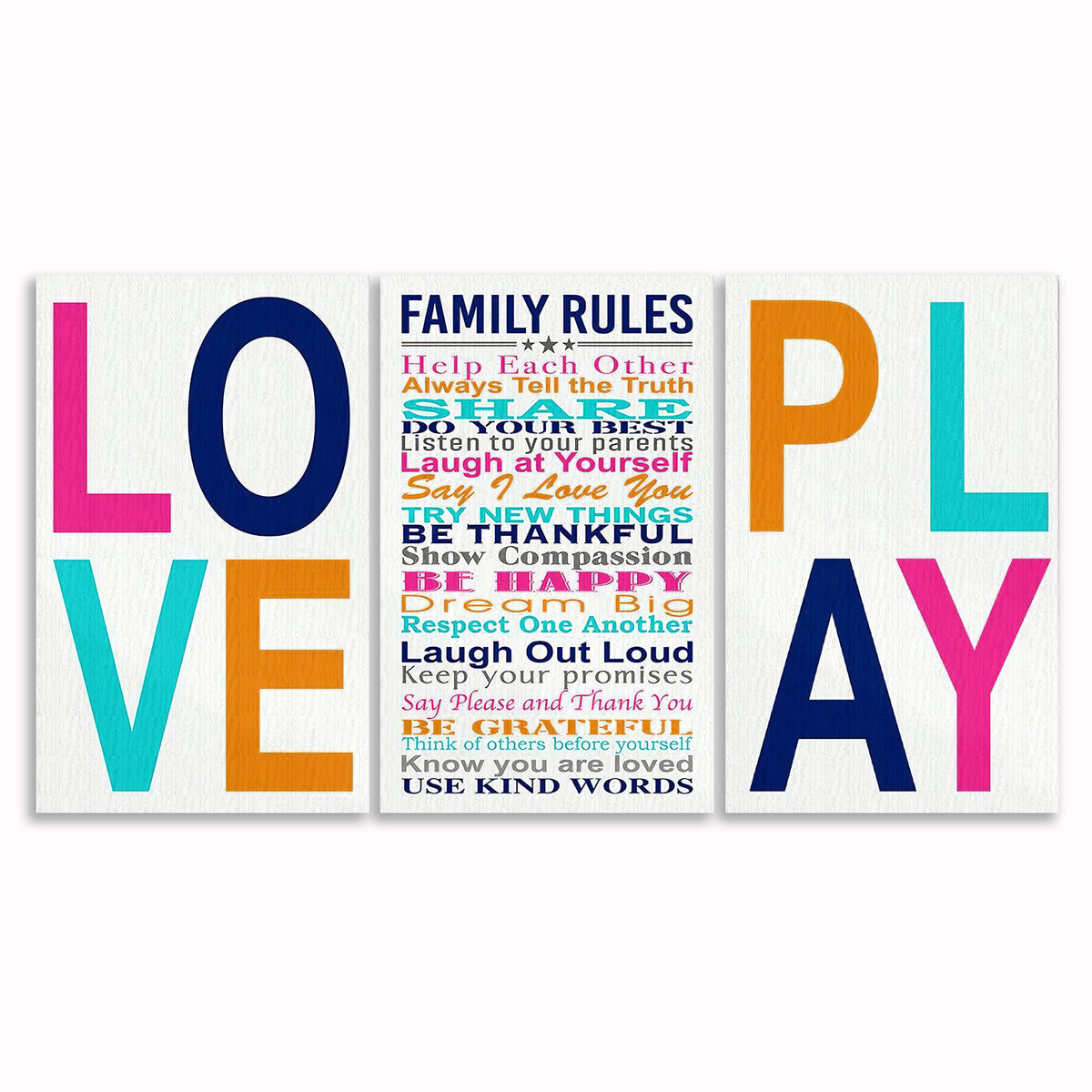 Family Rules Love Play Set Of 3 Canvas – Colorful Playroom Wall Art