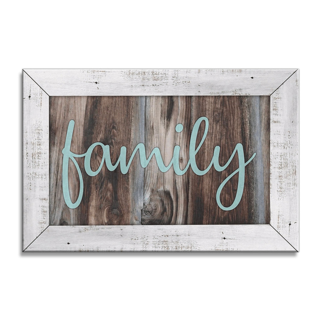 Family Rustic Wood Canvas Wall Art – Simple Teal Script Decor