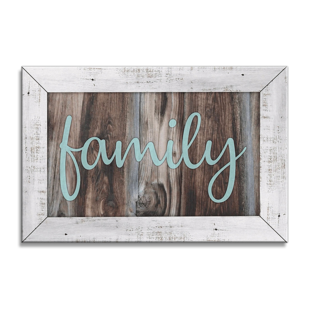 Family Rustic Wood Canvas Wall Art – Simple Teal Script Decor