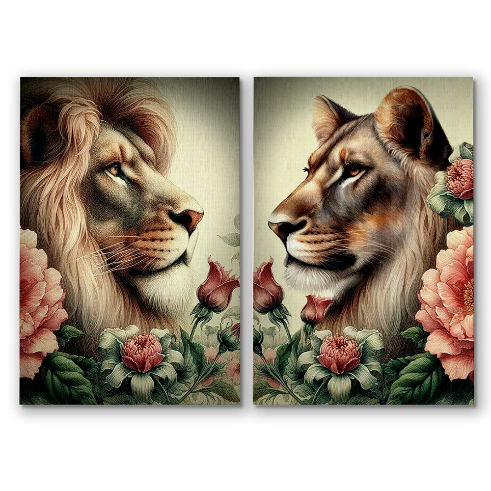 Lion And Lioness Flowers Canvas – Couple Wall Art Set