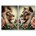 Lion And Lioness Flowers Canvas – Couple Wall Art Set
