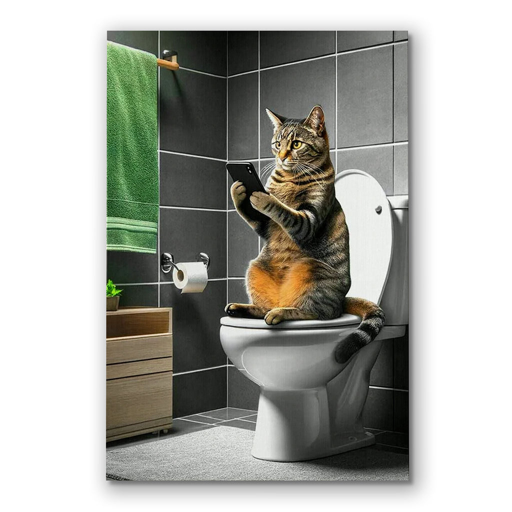 Funny Cat Reading Newspaper On Toilet Canvas – Bathroom Wall Art