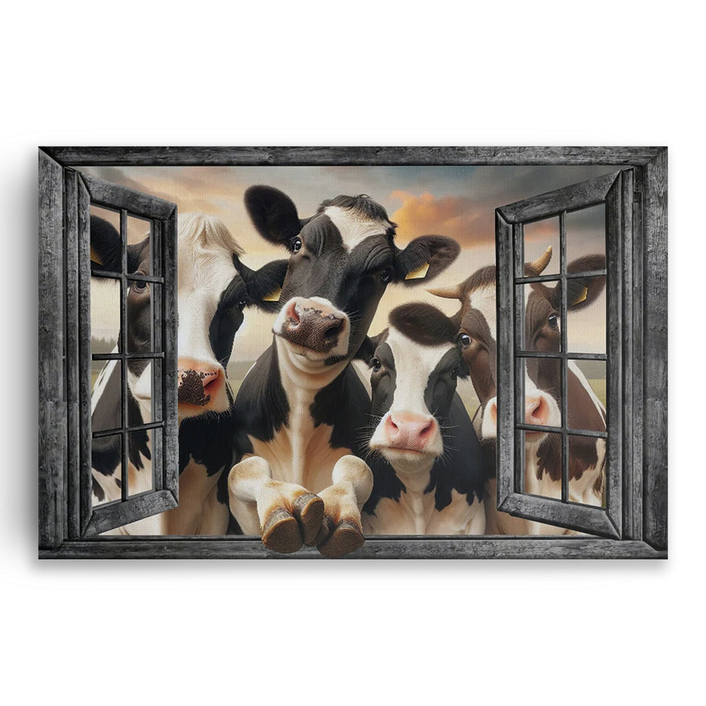 Funny Cows At The Window Canvas – Farmhouse Kitchen Wall Art