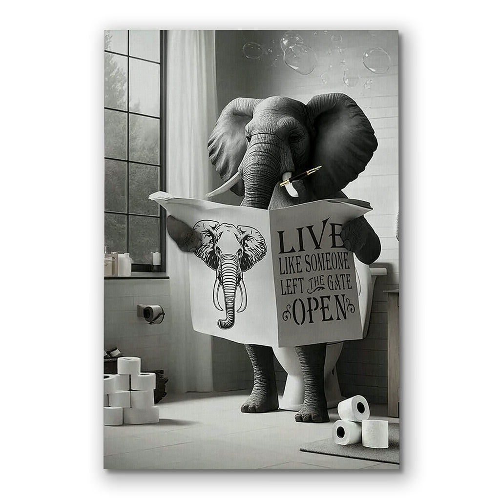 Funny Elephant Reading Newspaper On Toilet Canvas – Bathroom Decor